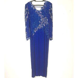 Xanthe Womens Royal Blue Silk V-Neck Beaded Evening Gown W/Sheer Sleeves Size 16